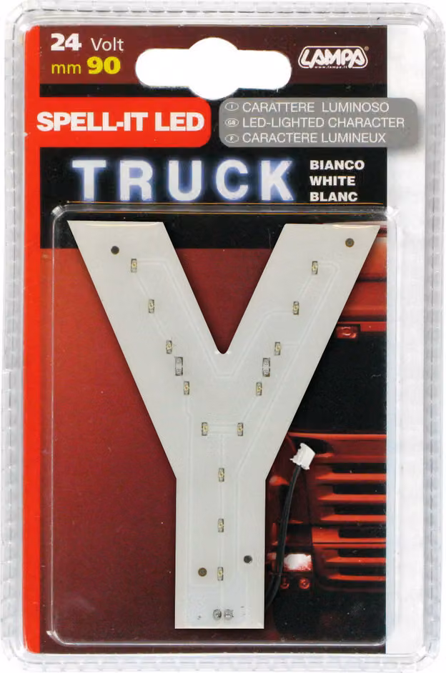 Lettera luminosa LED, tecnologia SMD, colore bianco, forma a "Y", dimensioni 90 mm, alimentazione 24 V, dimmerabile, base adesiva, adatta per uso esterno
