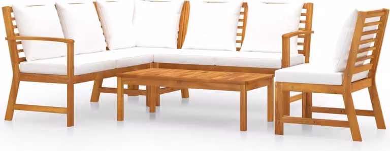 Set Divani da Giardino 5 pz con Cuscini Crema in Legno Acacia
