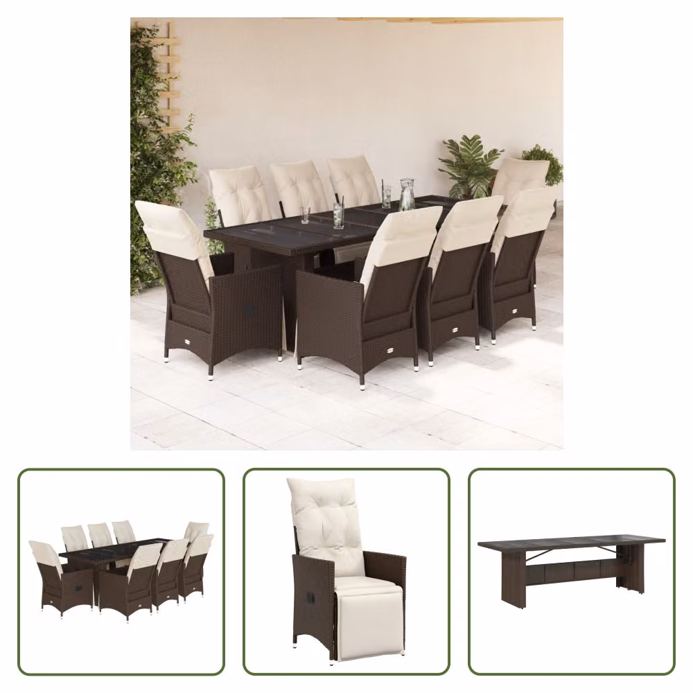 The Living Store Set bistrot da giardino da 9 pezzi con cuscini in poly rattan marrone