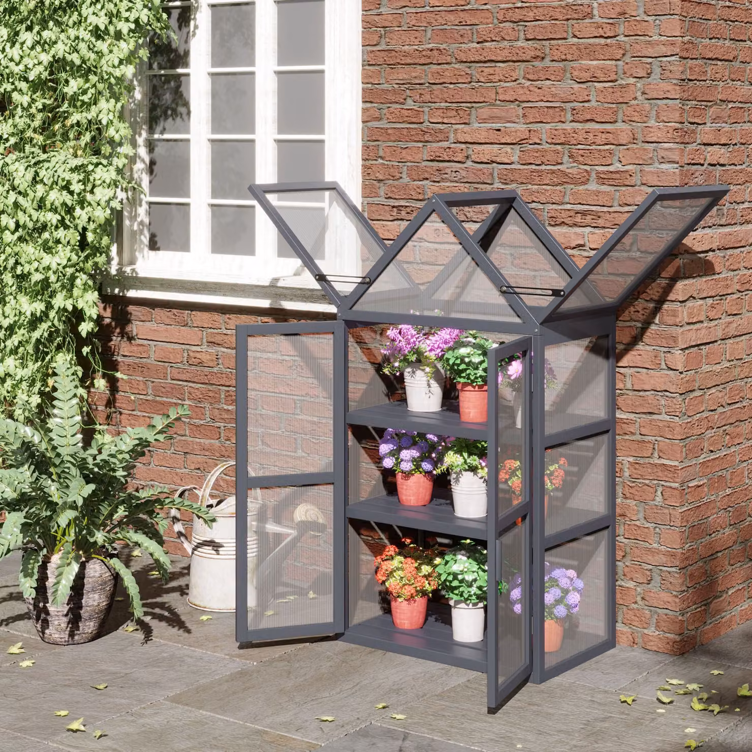 Outsunny Serra da giardino con 3 ripiani e 2 porte chiudibili, Naturale – 2