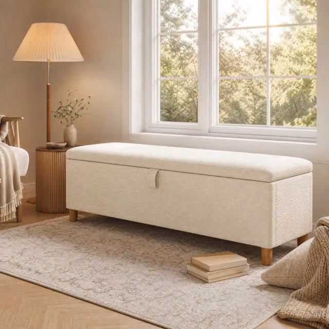 Letto matrimoniale 180x200 cm in corduroy beige con LED; testiera contenitore e panca contenitore