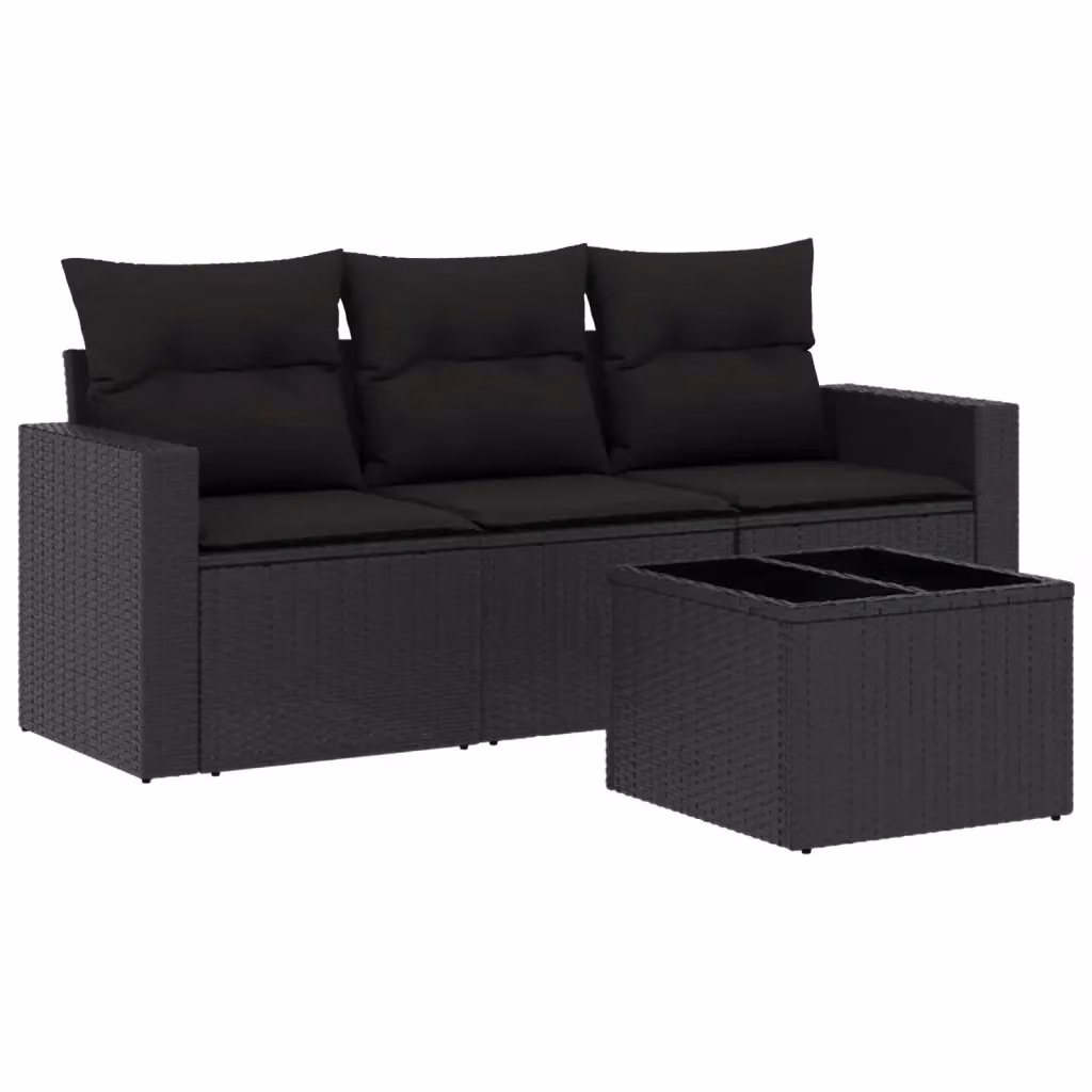 Set di Divani da Giardino vidaXL 4 Pezzi in Polyrattan Nero con Cuscini e Tavolino – 2