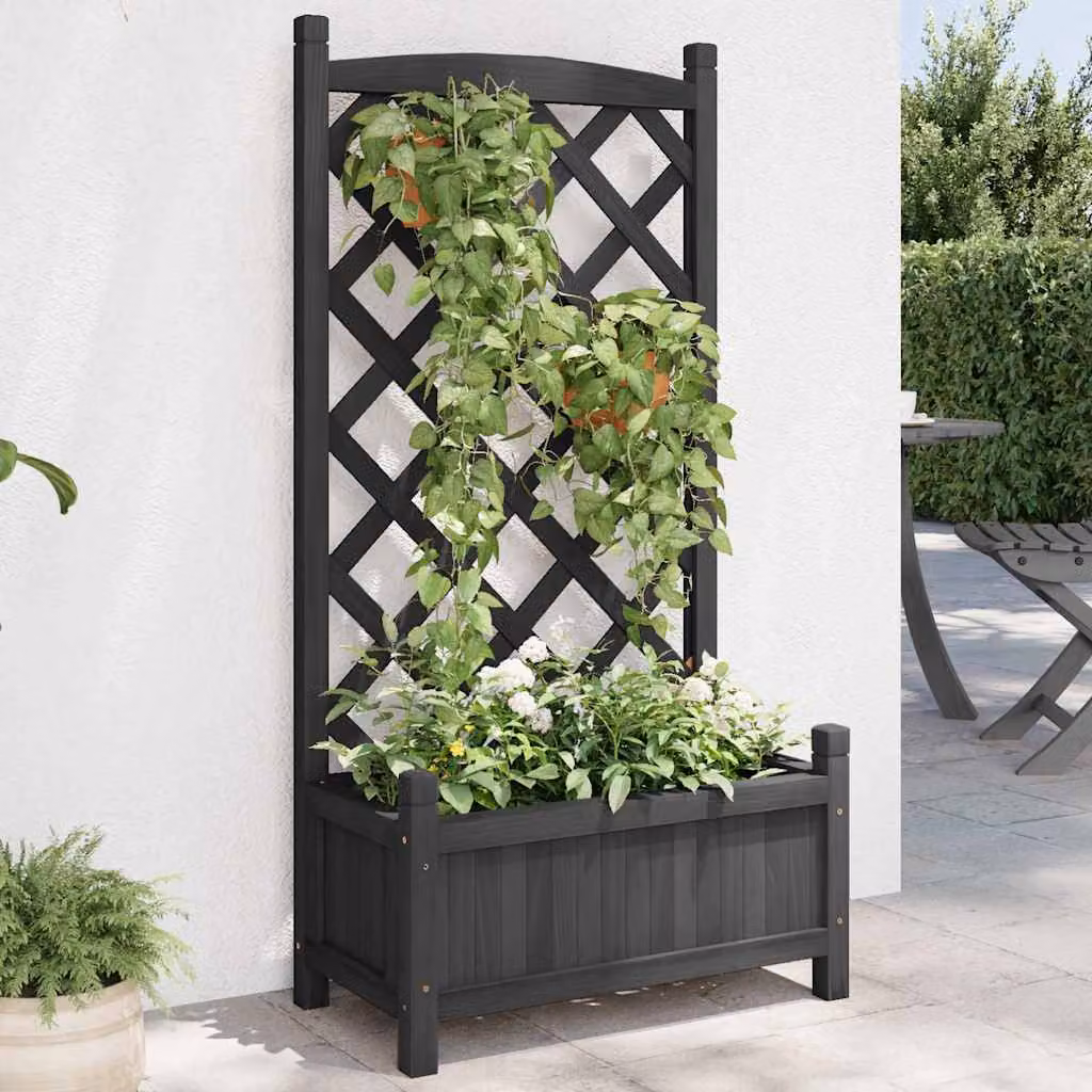Fioriera con Traliccio vidaXL in Legno di Abete Massello, Colore Nero, L: 55 cm, P: 29,5 cm, H: 110 cm