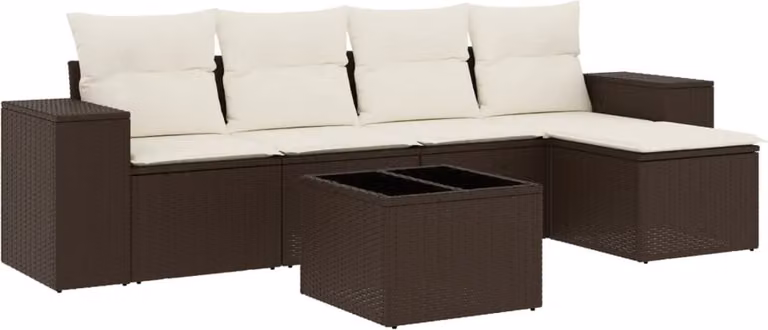 Set Divano da Giardino 6 pz con Cuscini Marrone in Polyrattan