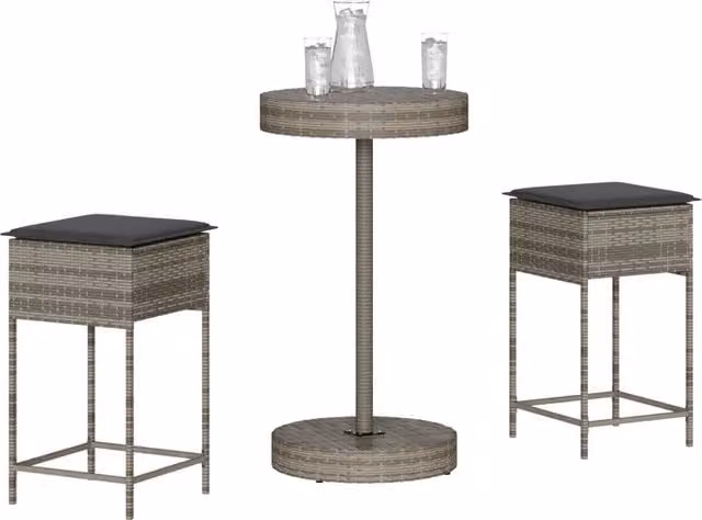 Set Bar da Giardino 3 Pezzi vidaXL in Polyrattan Grigio con Cuscini