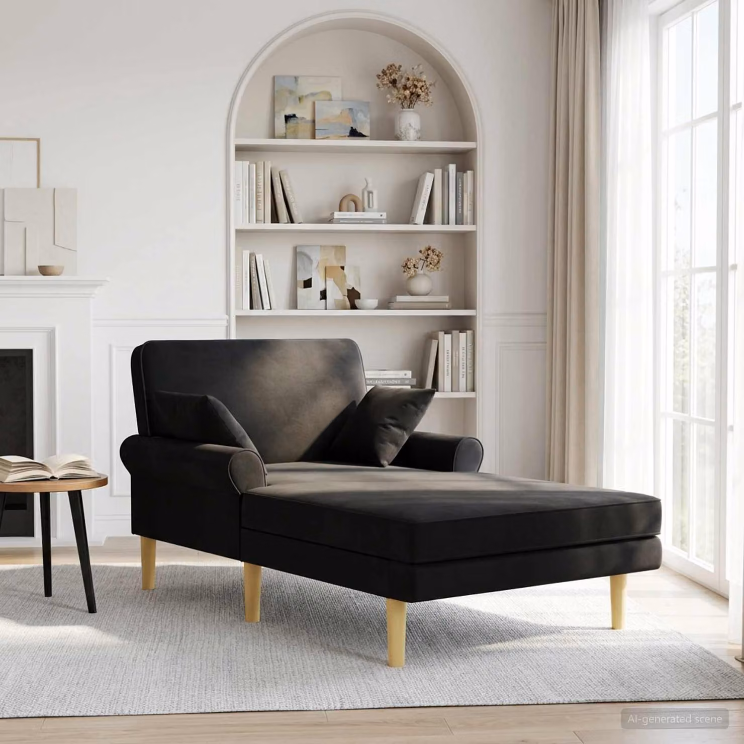 Chaise longue moderna vidaXL in velluto nero con cuscini inclusi L/P/H: 174 x 106 x 86 cm