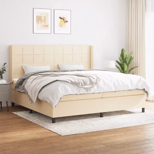 Letto Ibrido vidaXL con Giroletto a Molle e Materasso in Tessuto Beige e Bianco L/P/H: 203 x 203 x 128 cm