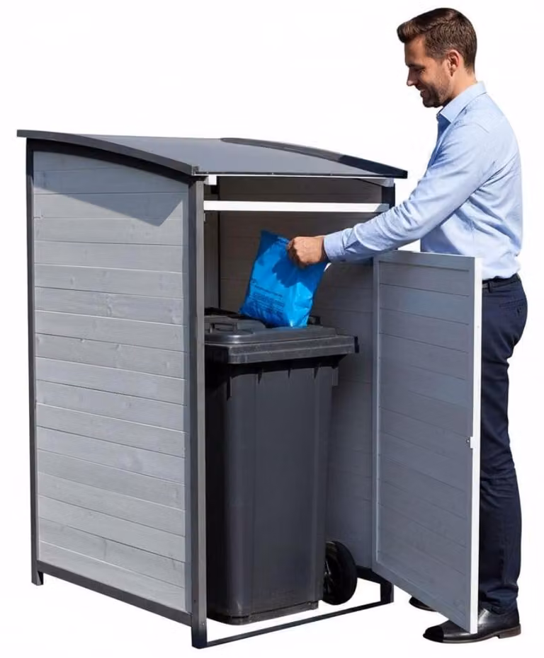 Contenitore per rifiuti di legno, modello Box, capacità 120 litri, con pannello posteriore