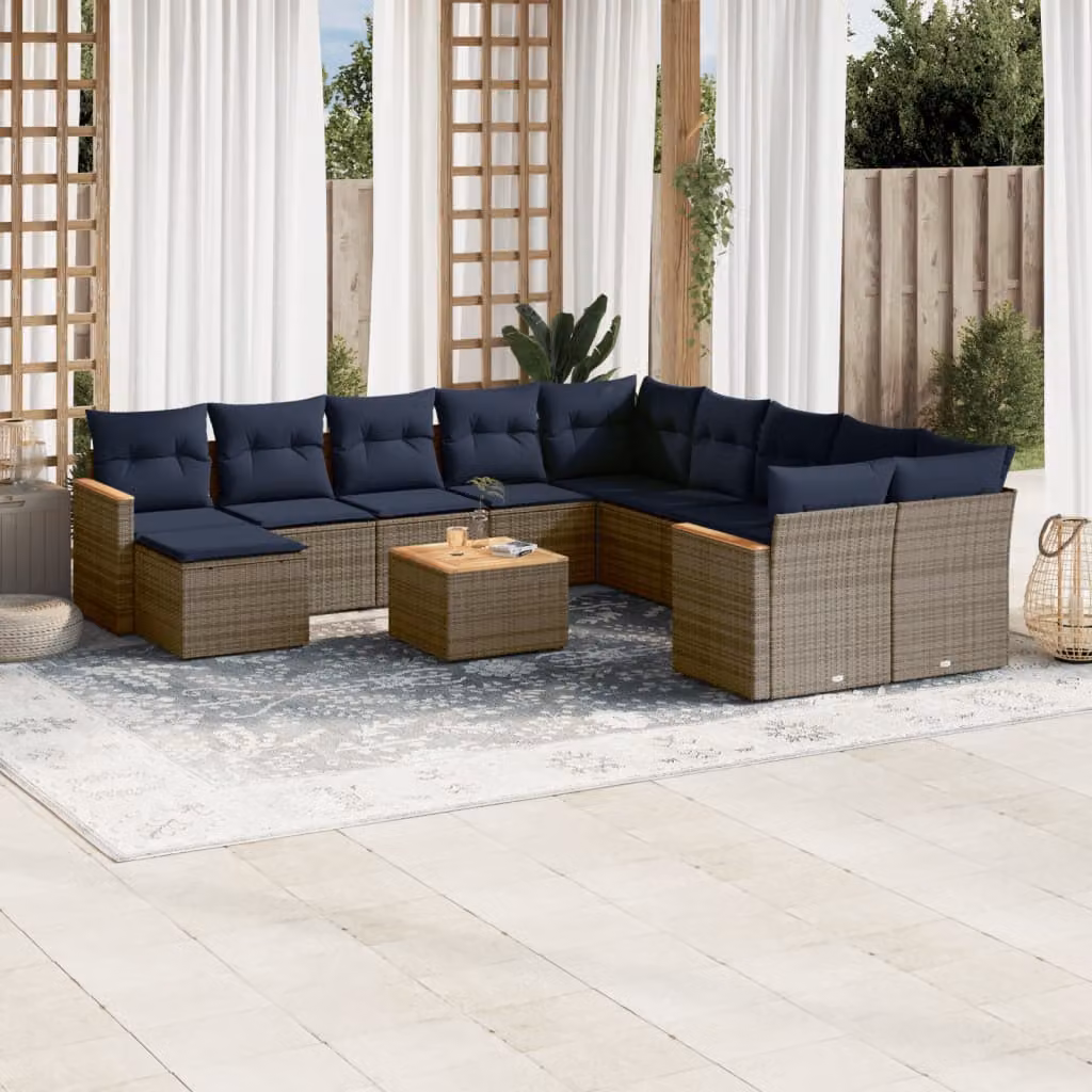 Set di divani da giardino vidaXL in polyrattan grigio con cuscini, tavolino e pouf a forma di U per esterno