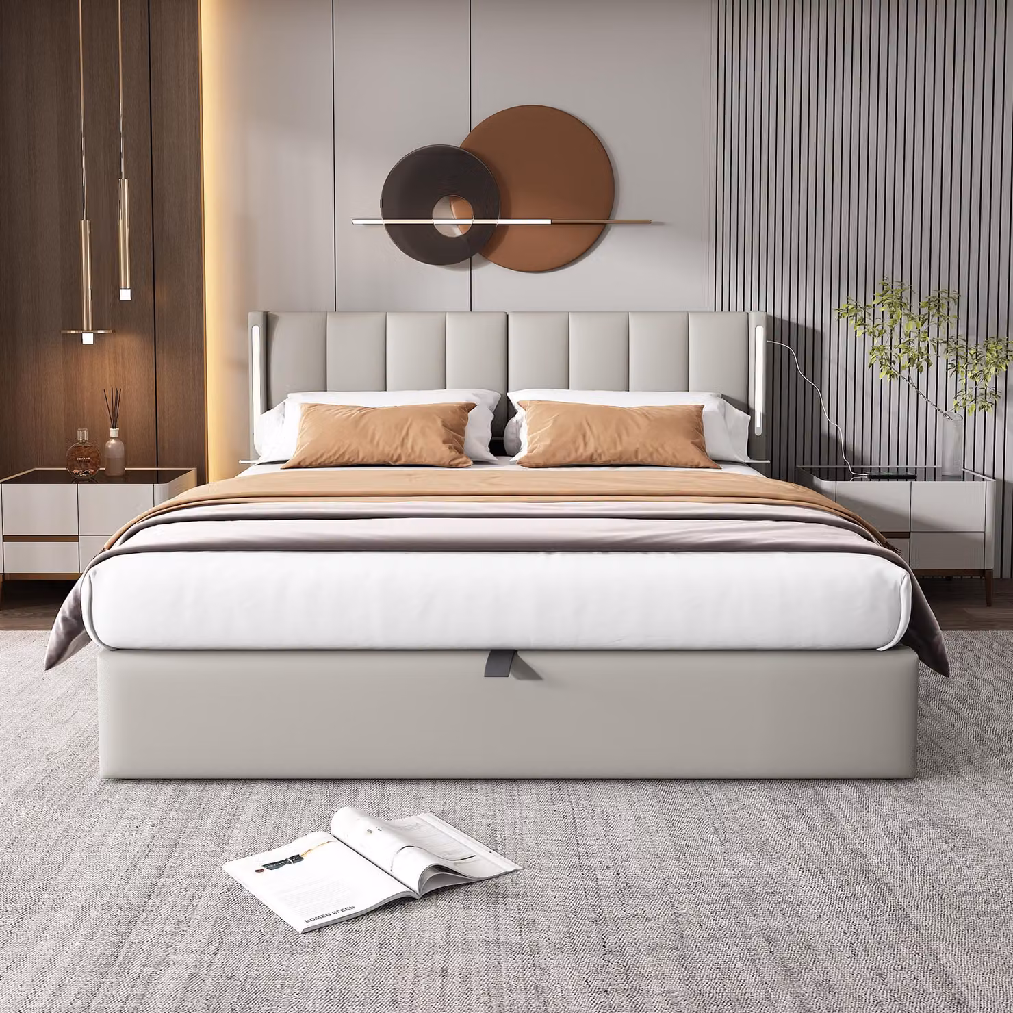 Letto imbottito STILVORA, 140x190 cm, con porta USB e illuminazione LED, letto per giovani con spazio contenitore a sollevamento idraulico e rete a molle, struttura letto con poggiatesta regolabile, colore grigio