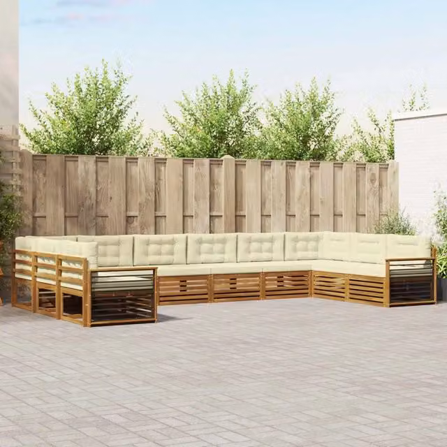 Set di divani da giardino vidaXL in legno di acacia massello con cuscini, colore beige e bianco, design moderno a forma di L