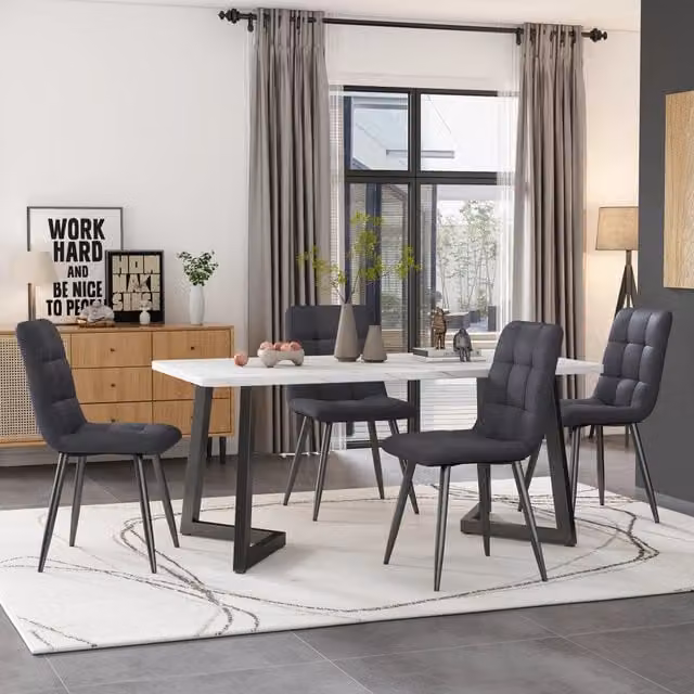 Set tavolo da pranzo rettangolare 117 cm con 4 sedie, gambe nere, sedie in lino grigio scuro, stile moderno
