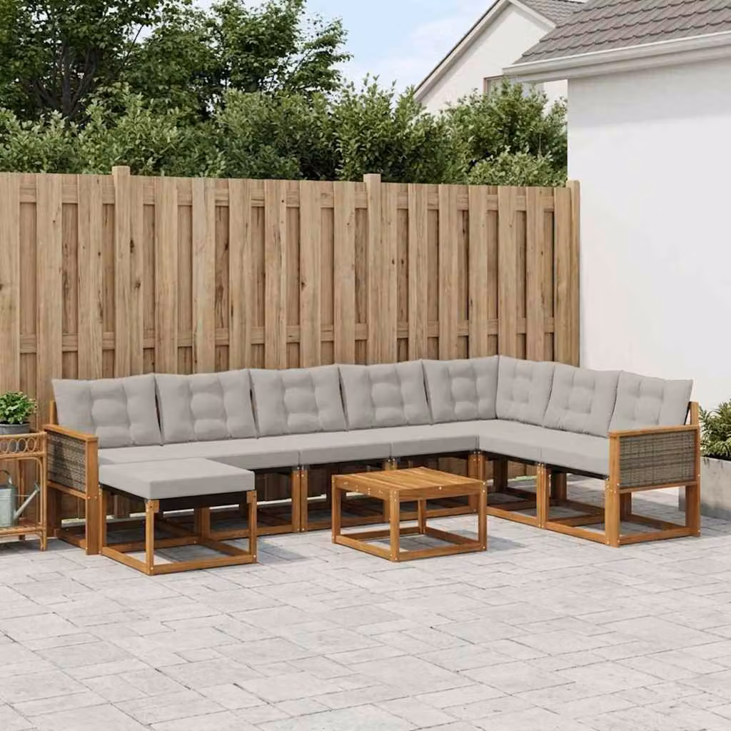 Set di divani da esterno vidaXL 9 pz in legno di acacia con cuscini e tavolino, beige e grigio chiaro
