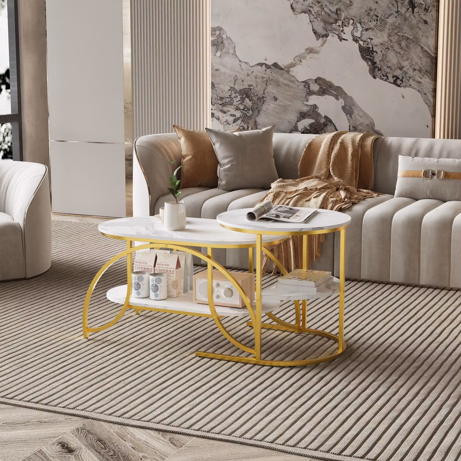 set di 2 tavolini da caffè moderni, aspetto marmoreo, ampio spazio di archiviazione, oro