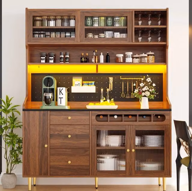 Mobiletto Alto da Cucina con Ripiani Regolabili, Illuminazione LED Controllata via App, Cassetto con Porta Bottiglie, 145×39×171 cm, Colore Noce