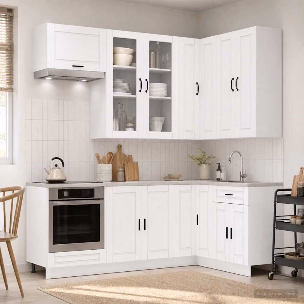 vidaXL Unità Cucina Moderna PORTO 8 Pezzi in Legno MDF Bianco con Ante in Vetro