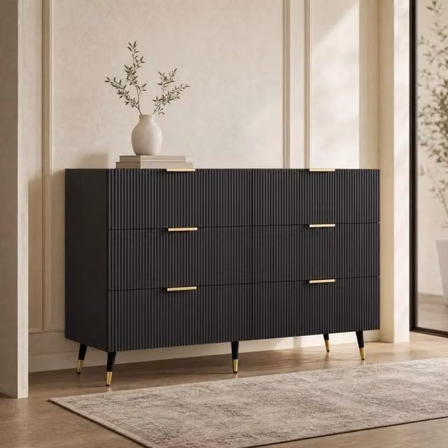 Sideboard 120x77x40 cm con 6 cassetti; pannello truciolare; nero e oro