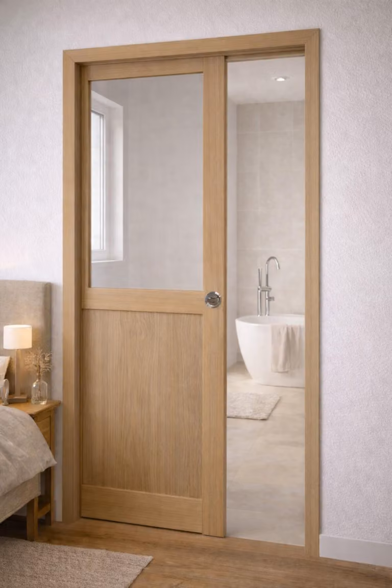 Porta scorrevole da officina in noce impiallacciato con vetro H204 x L83 cm, incasso, kit finitura GD MENUISERIES