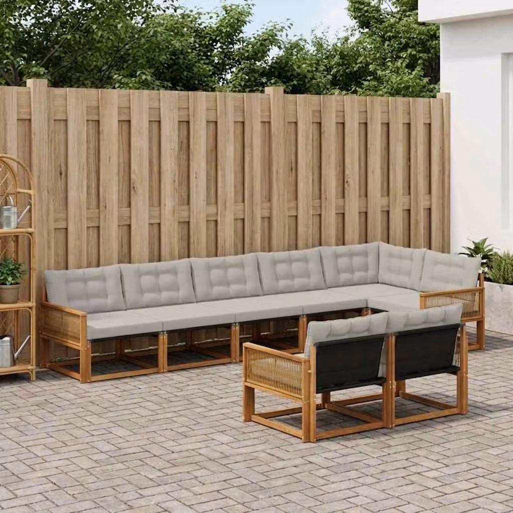Set di divani da esterno a L vidaXL in legno di acacia con cuscini, 8 pezzi, beige, grigio e marrone