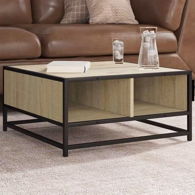 Tavolino da salotto vidaXL in stile industriale con piano in legno rovere e struttura in metallo, L/P/H: 60,5 x 60,5 x 30 cm