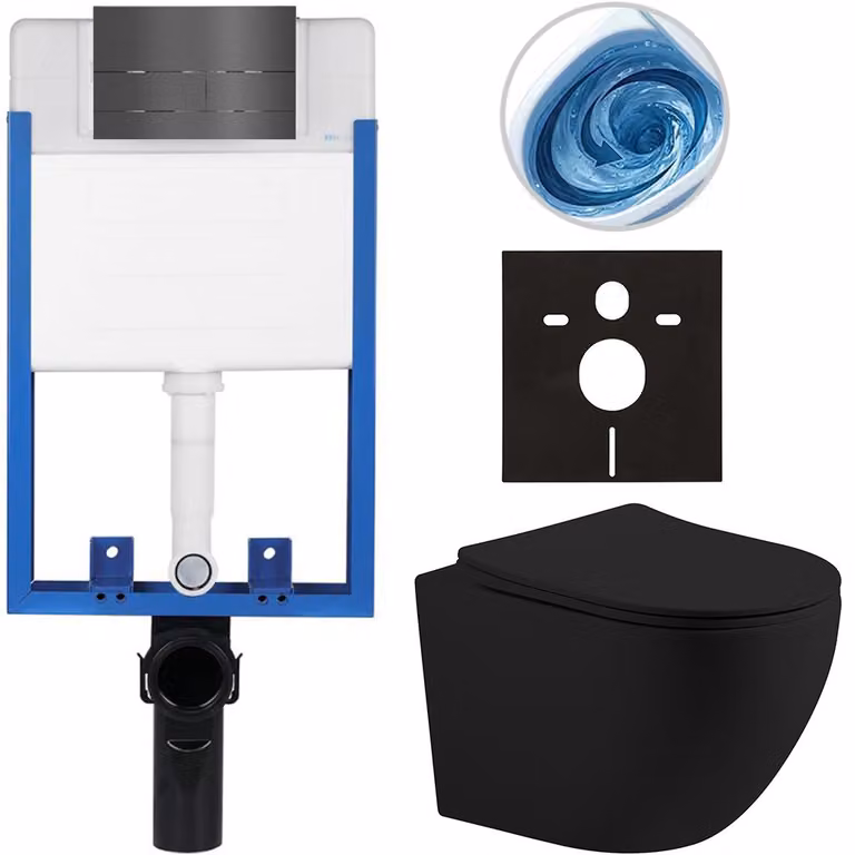 CERANO - Set completo per WC da incasso Lite/Cesso - nero opaco - Pulsante per WC Line - grigio scuro - da incasso - 49x36 cm