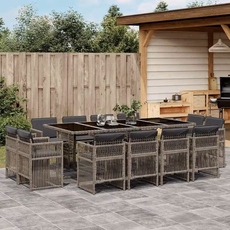 Set da Pranzo da Giardino vidaXL in Polyrattan con Cuscini e Tavolo in Vetro, 13 Pezzi, Grigio e Nero