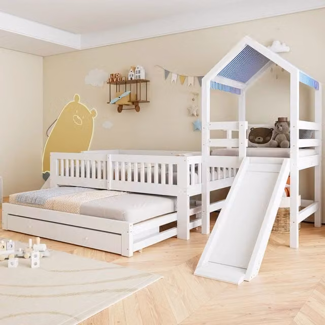 Letto a casetta per bambini in legno con scivolo, scala e cassetti, stile scandinavo, bianco, L/P/H: 90 x 200 cm