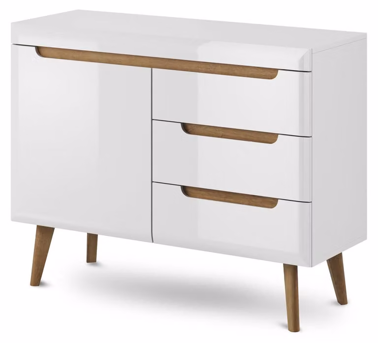Comodino Trava Riviera in legno effetto quercia, finitura bianco lucido