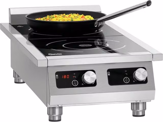 Fornello a induzione Bartscher TCK 2 zone, nero e argento, con piano in vetro e acciaio inossidabile, L: 43,0 cm, P: 28,0 cm, H: 8,65 cm