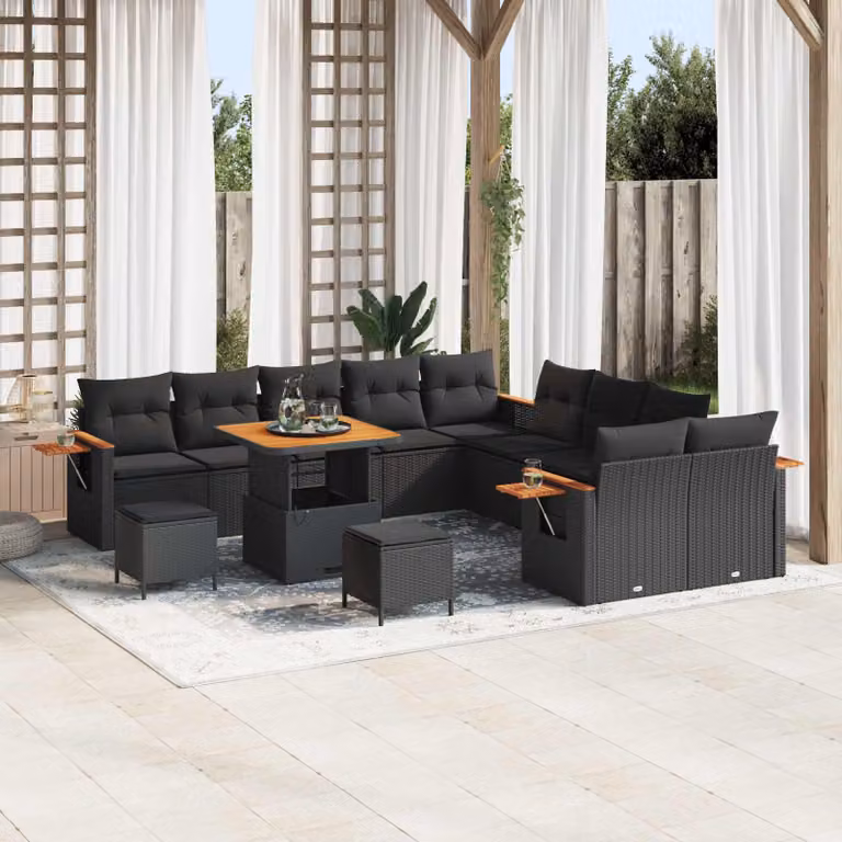 Set Divano da Giardino vidaXL 13 pz in Polyrattan Nero con Cuscini e Tavolino da Esterno