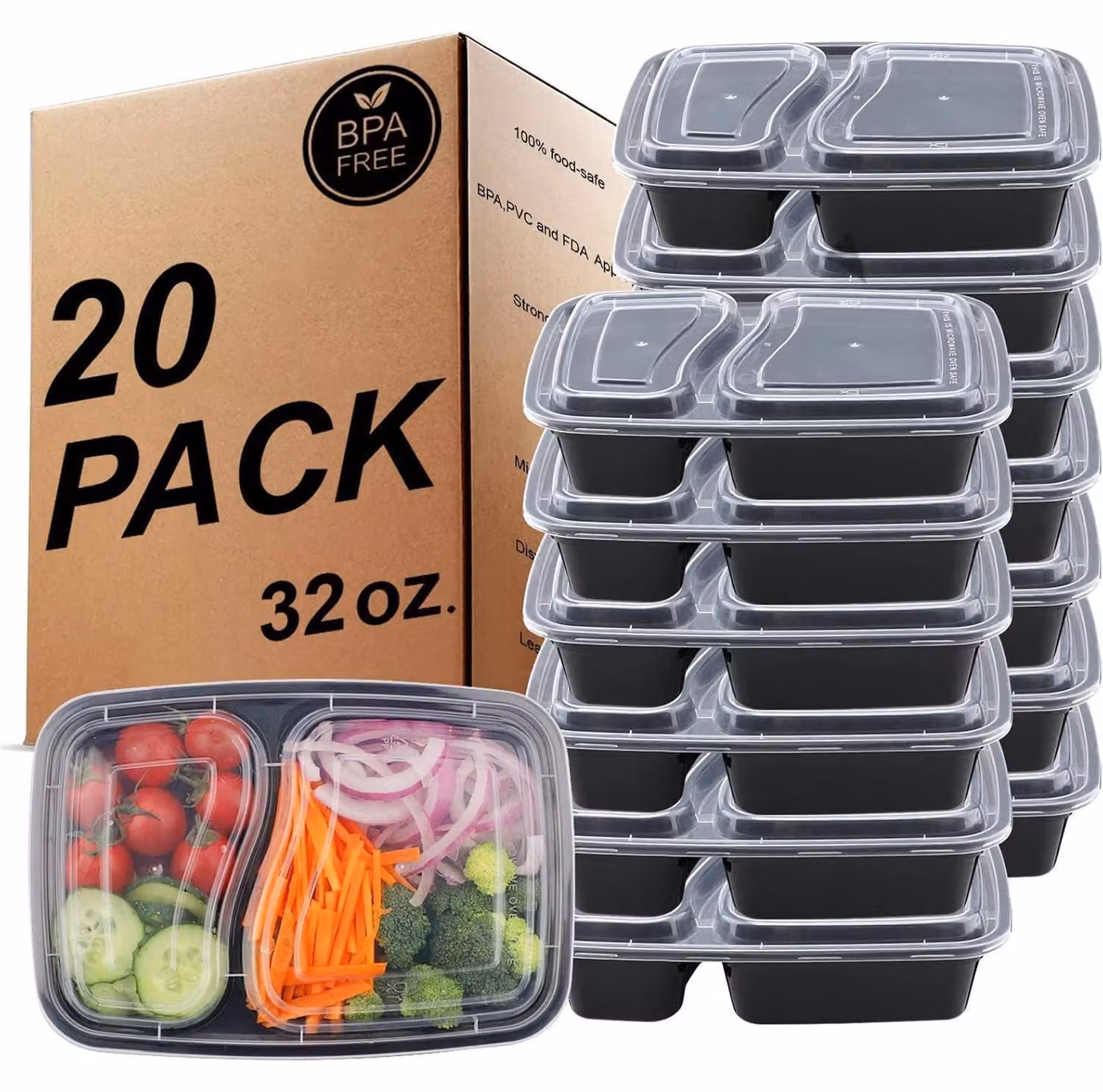 Contenitore per la preparazione dei pasti, con 2 scomparti, capacità di 32 once, senza BPA, adatto al microonde, al congelatore e alla lavastoviglie, confezione da 20 pezzi
