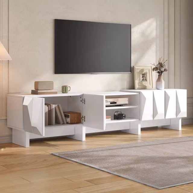 Mobile TV con 4 ante a rilievo, 2 nicchie e passacavi, per soggiorno, in truciolare bianco, 180 × 34 × 44.5 cm