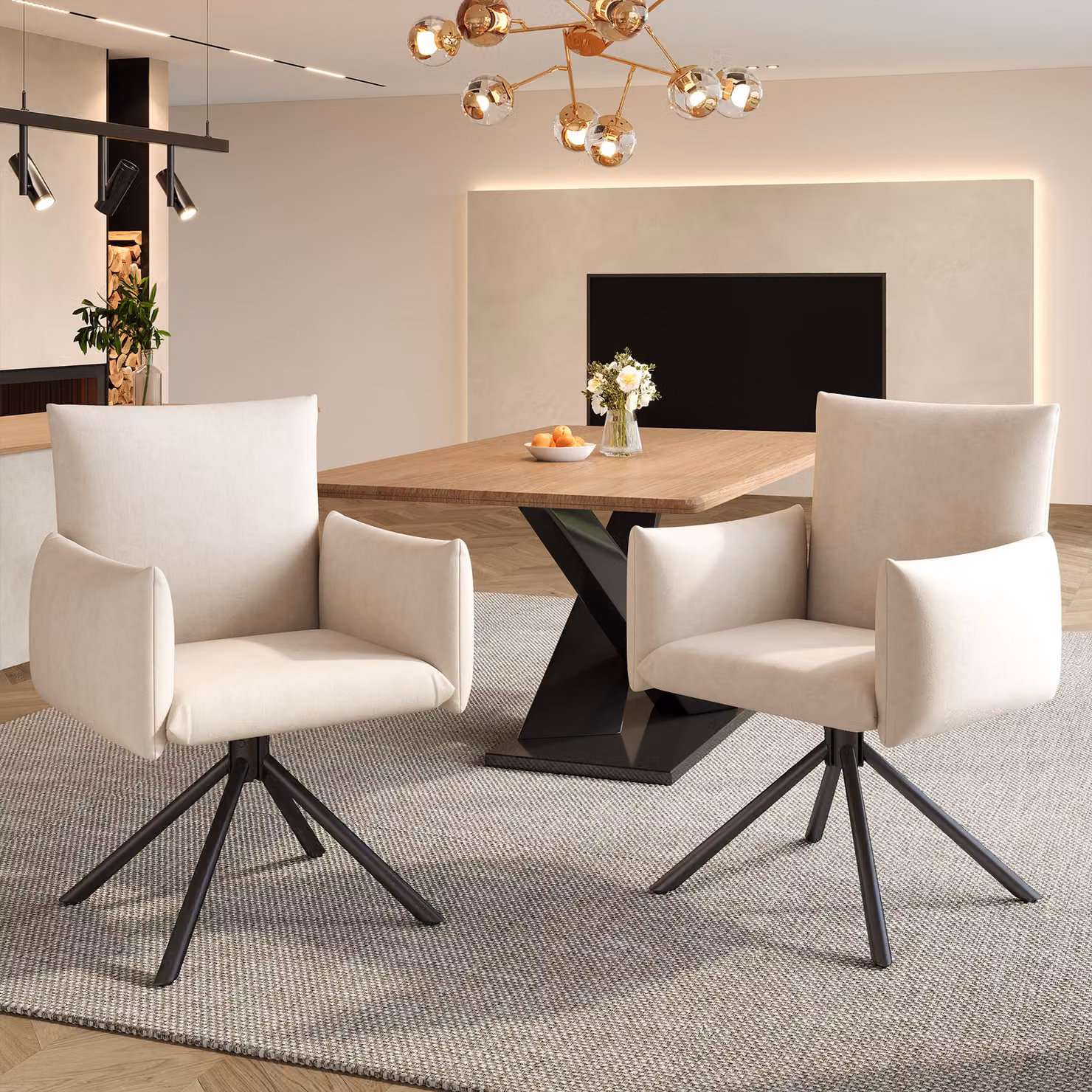 Sedie da pranzo Flieks (2 pezzi), poltrona girevole a 360°, sedia imbottita in velluto, sedia da pranzo con 4 gambe in metallo, materiale traspirante, beige