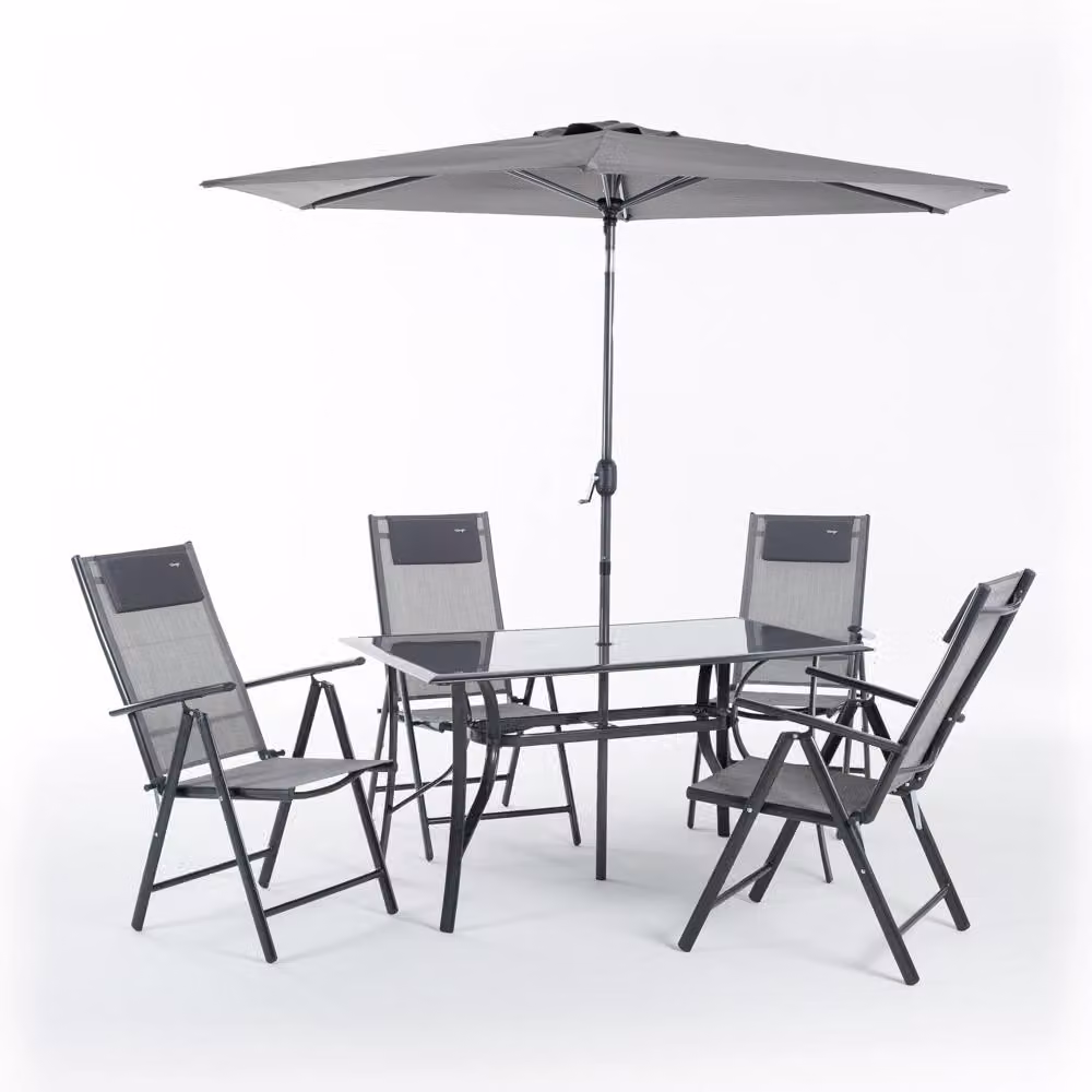 Set da pranzo da giardino per 4 persone con tavolo in vetro 140x80, 4 sedie pieghevoli regolabili in più posizioni in Textilene con poggiatesta, ombrellone da 270 cm SANREMO