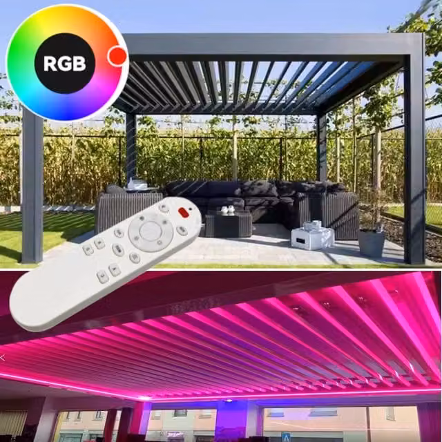 Pergola bioclimatica moderna in alluminio con lamelle motorizzate e impianto LED RGB, colore Antracite, L: 400 cm x P: 400 cm