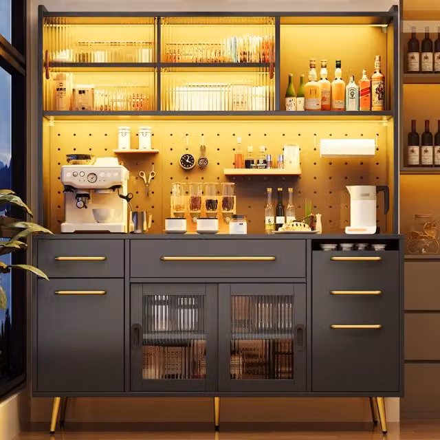 Desviae Credenza da cucina con LED e pannello forato due cassetti anta scorrevole ripiani regolabili nera 145 × 39 × 171 cm