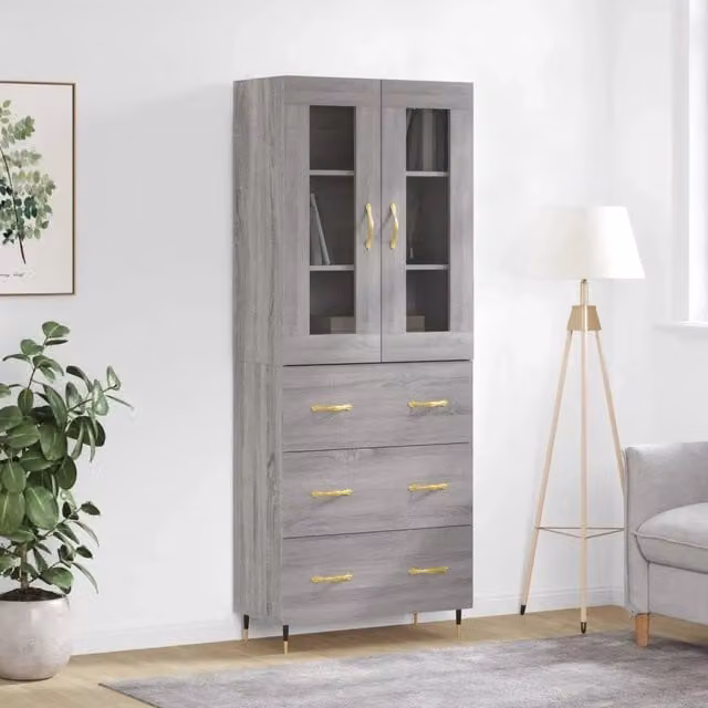 Credenza moderna vidaXL in legno, vetro e metallo, colore grigio, L: 69,5 cm, P: 34 cm, H: 180 cm