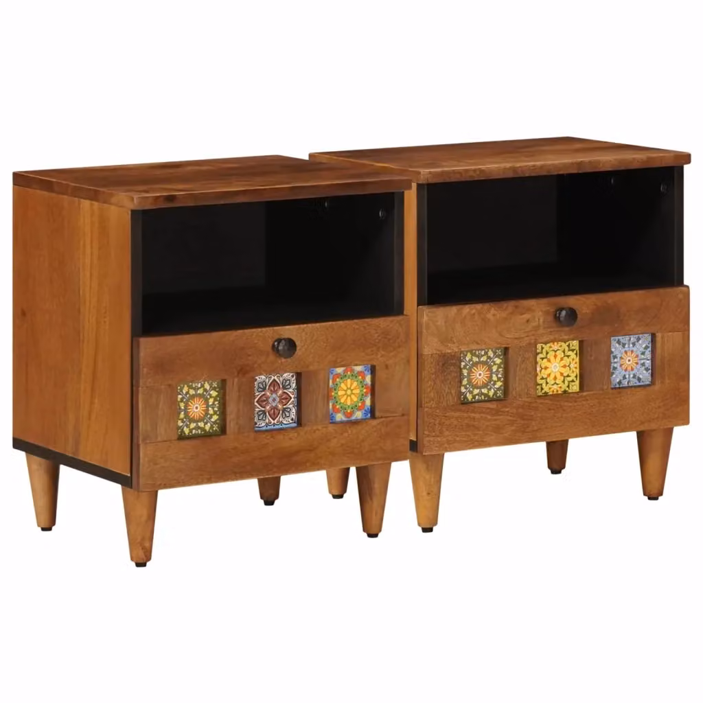 Set di 2 Armadi da Notte Moderni vidaXL in Legno di Mango Marrone L/P/H: 40 x 33 x 46 cm – 2