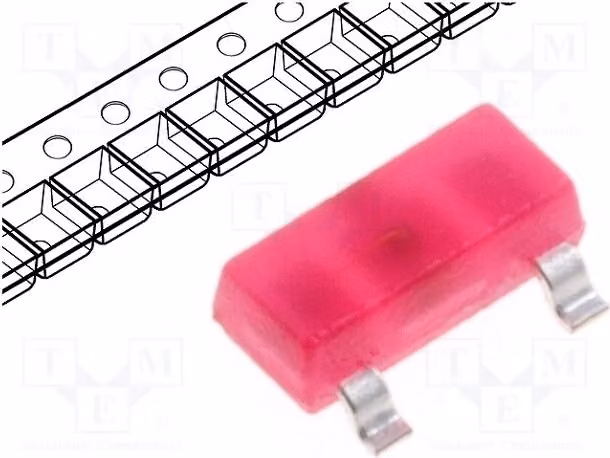 2 LED rossi, tecnologia SMD SOT23, 1,25 mcd, angolo di emissione 140°, dimensioni 3x1,3x1,05 mm, tensione di alimentazione 2÷2,5V, corrente 2mA, modello KM-23LID-F, diodi LED