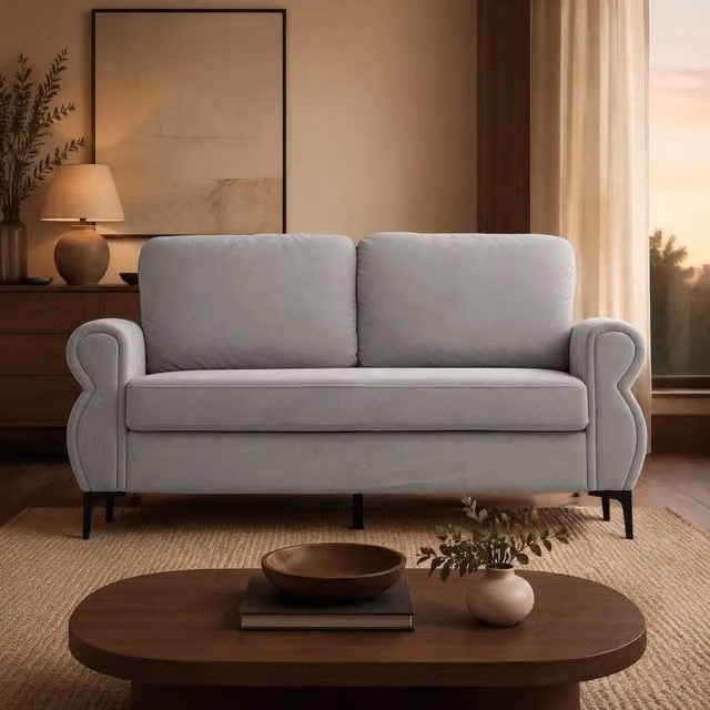 Divano moderno Mivray in tessuto grigio con rivestimenti sfoderabili e struttura in metallo e legno L: 173.5 cm, P: 92 cm, H: 81 cm – 1