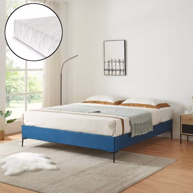 Letto Francese Lilla con Materasso 140x200 cm Fodera Protettiva Blu [en.casa]
