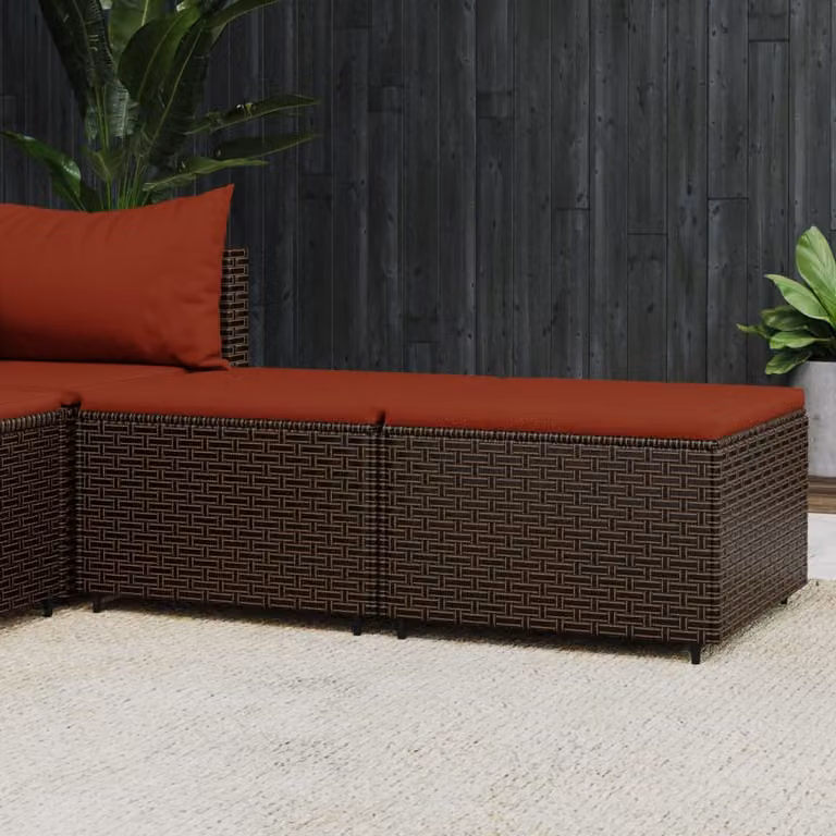 Set di 2 poggiapiedi da giardino vidaXL in polyrattan marrone con cuscini
