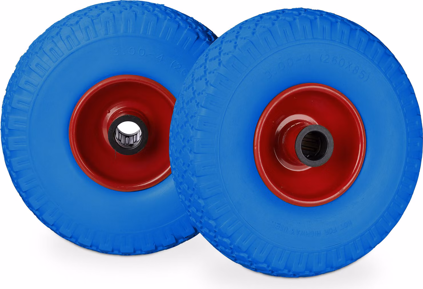 Set di ruote per carrello a mano Relaxdays, a prova di foratura, pneumatici in gomma piena 3.00-4, cerchio in acciaio, asse da 25 mm, portata 100 kg, 260x85 mm, blu-rosso