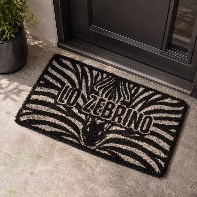 Zerbino Zebrino con decorazione grafica di animali, fondo antiscivolo in PVC e polipropilene, bianco e nero, L: 70 cm, P: 40 cm