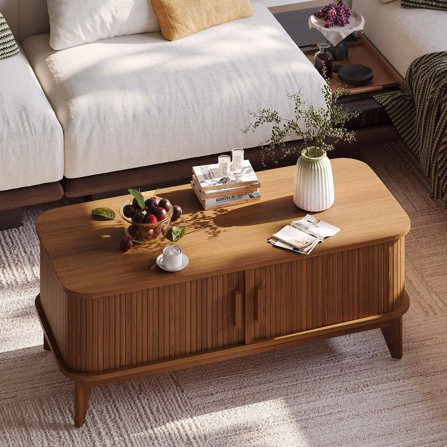 Tavolino da salotto in legno con spazio contenitore, dimensioni 100x48x40 cm, finitura noce