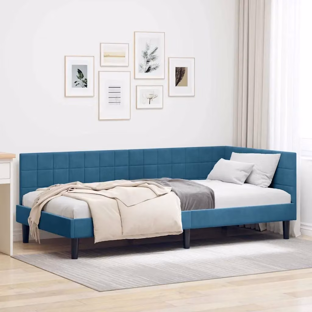 Letto singolo moderno in velluto blu con struttura in legno per adulti L 90 cm x P 200 cm x H 40 cm – 2