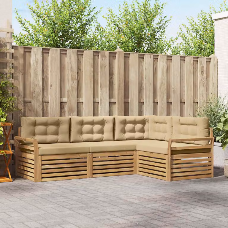 vidaXL Set di divani da esterno a L composto da 4 pezzi in legno di acacia con cuscini in tessuto bianco, beige e marrone