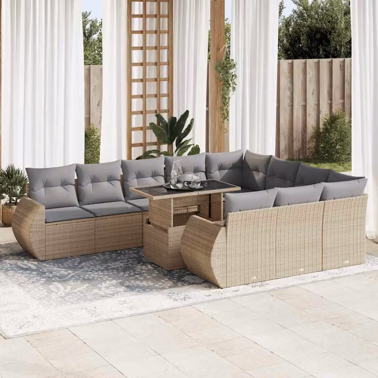 Set di divani da giardino vidaXL in polyrattan beige con 11 pezzi e cuscini inclusi