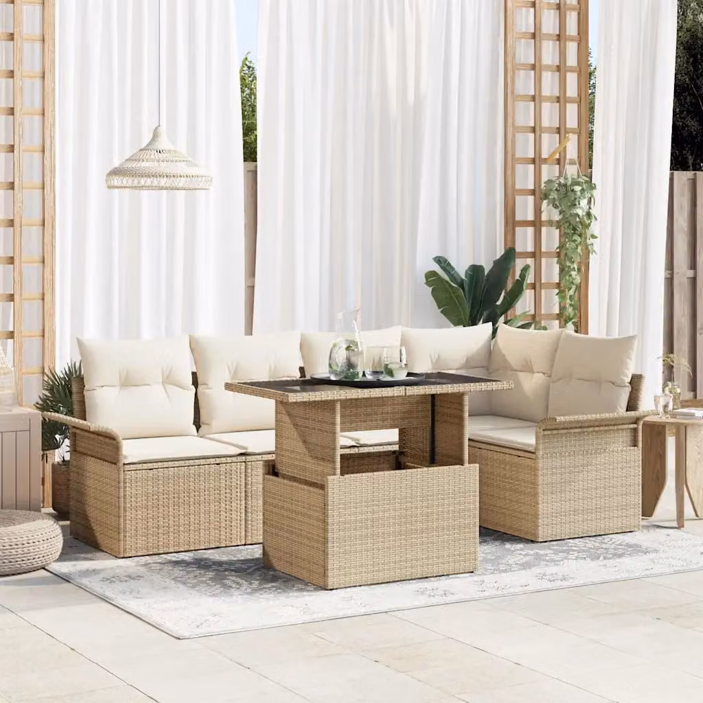 Set Divano da Giardino vidaXL 6 Pezzi in Polyrattan Beige con Cuscini e Tavolino