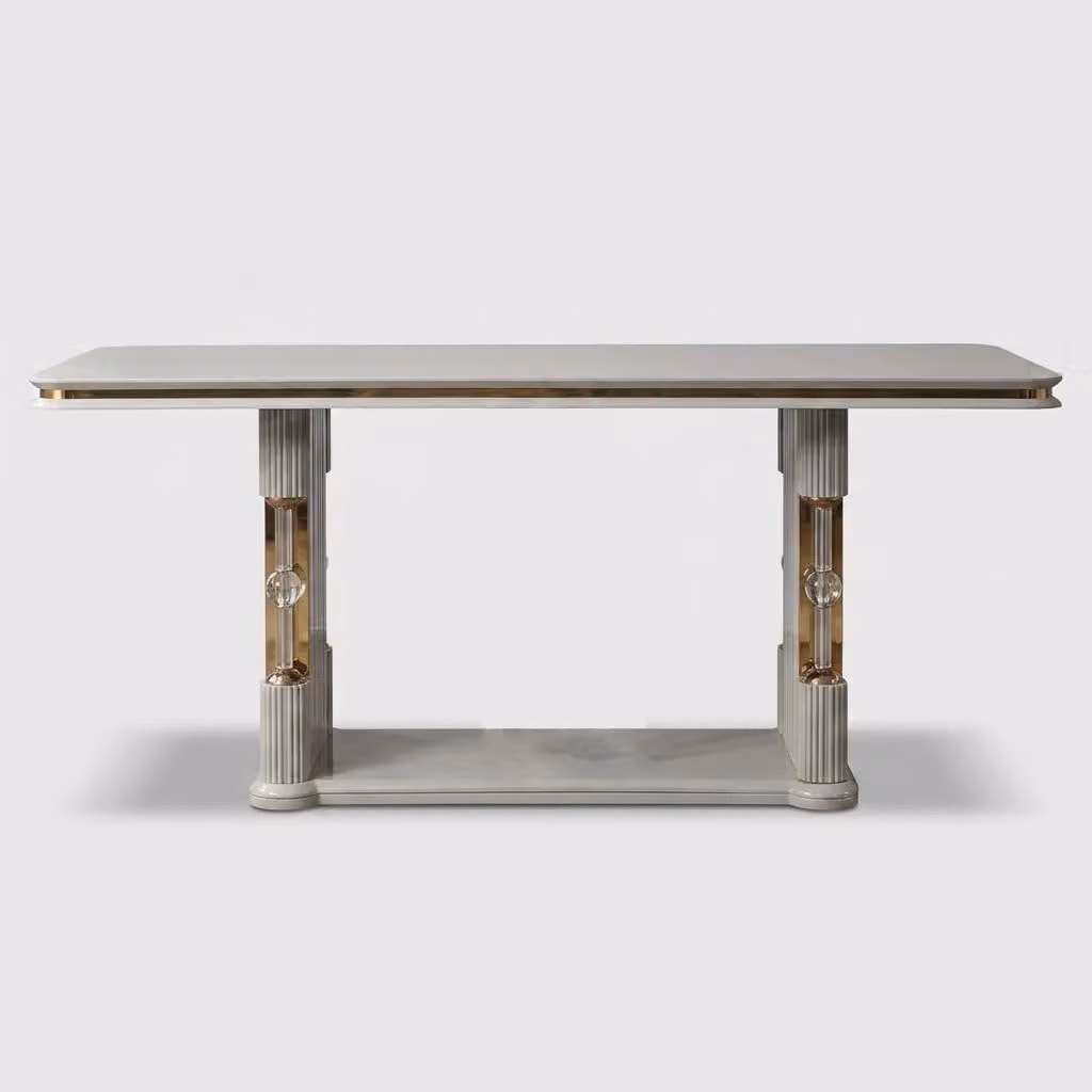 Tavolo da pranzo per soggiorno, design moderno, nuovo, confortevole, grigio, con dettagli dorati, elegante e di tendenza